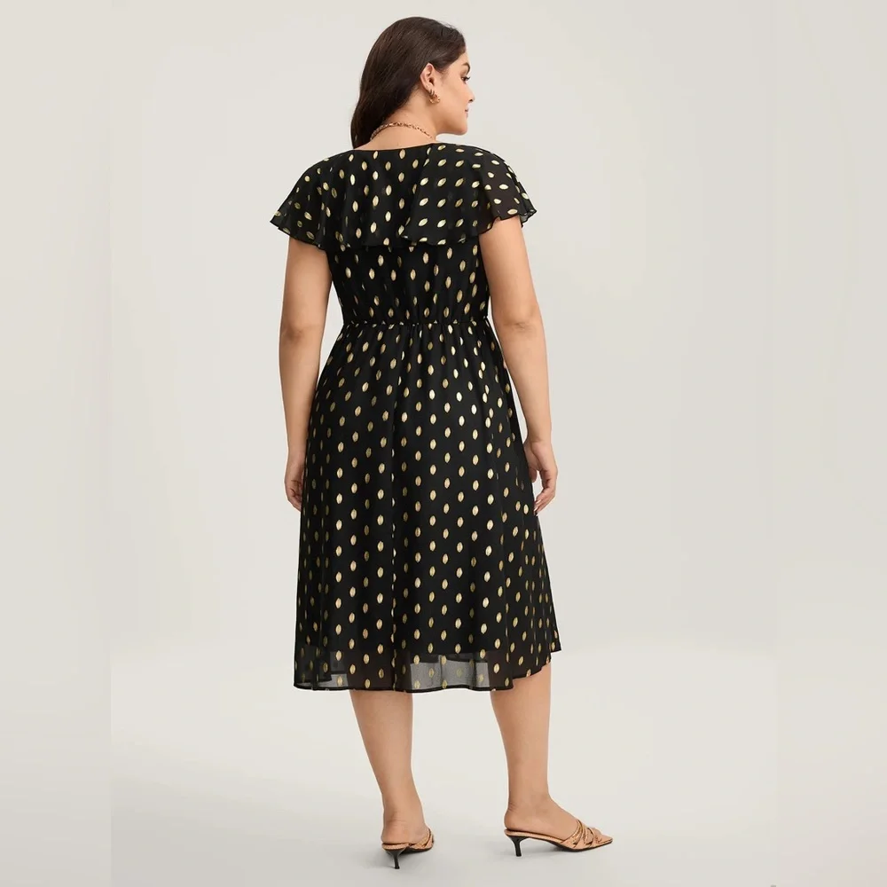 BloomChic Shimmery Polka Dot Stretchy Waist Midi Dress Black/Gold Plus Size - Picture 2 of 11